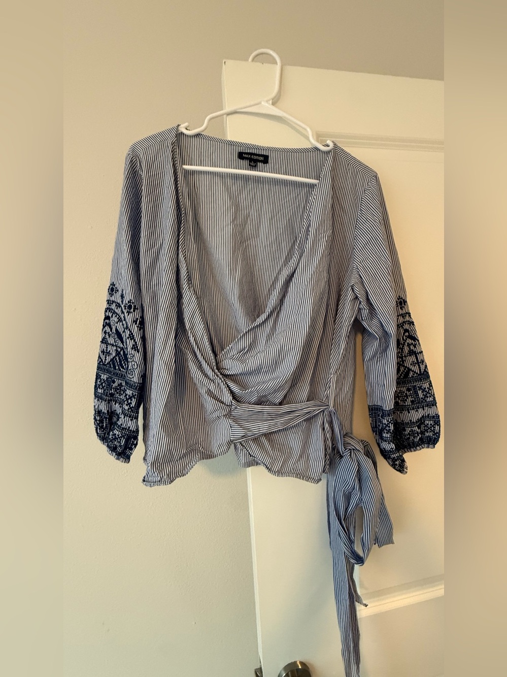 Max Edition Blue and White Striped Wrap Blouse with Navy Embroidered Sleeves